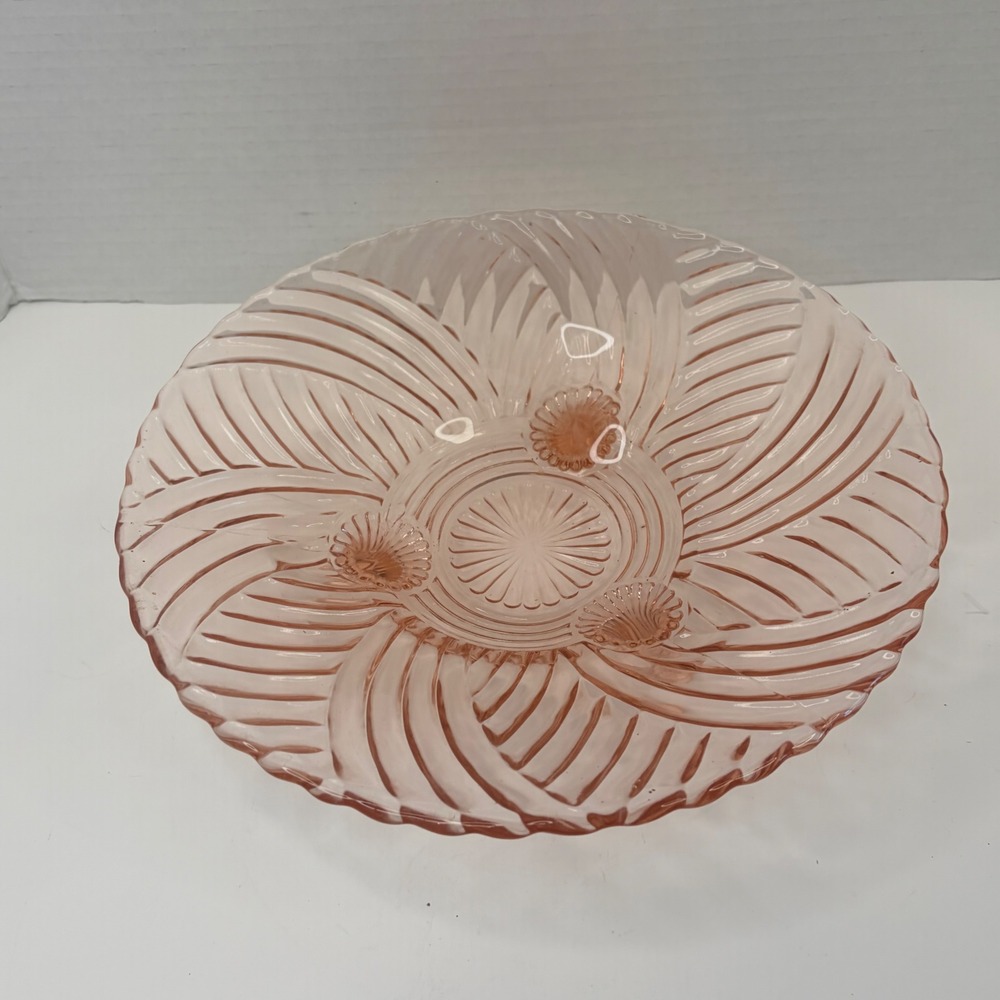 Vintage Pink Depression Glass Swirl Footed Bowl 10.5 Inch Scalloped Centerpiece
